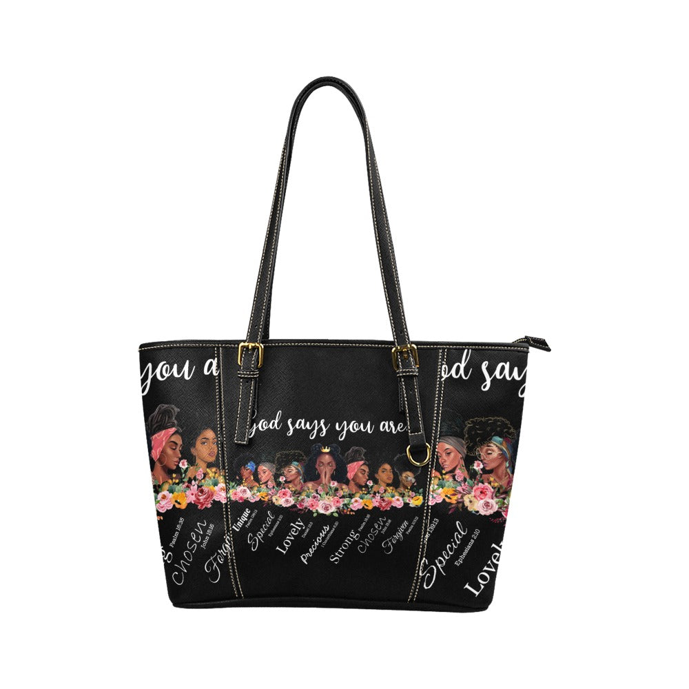 GOD Says You Are Tote Leather Tote Bag/Small (Model 1640)